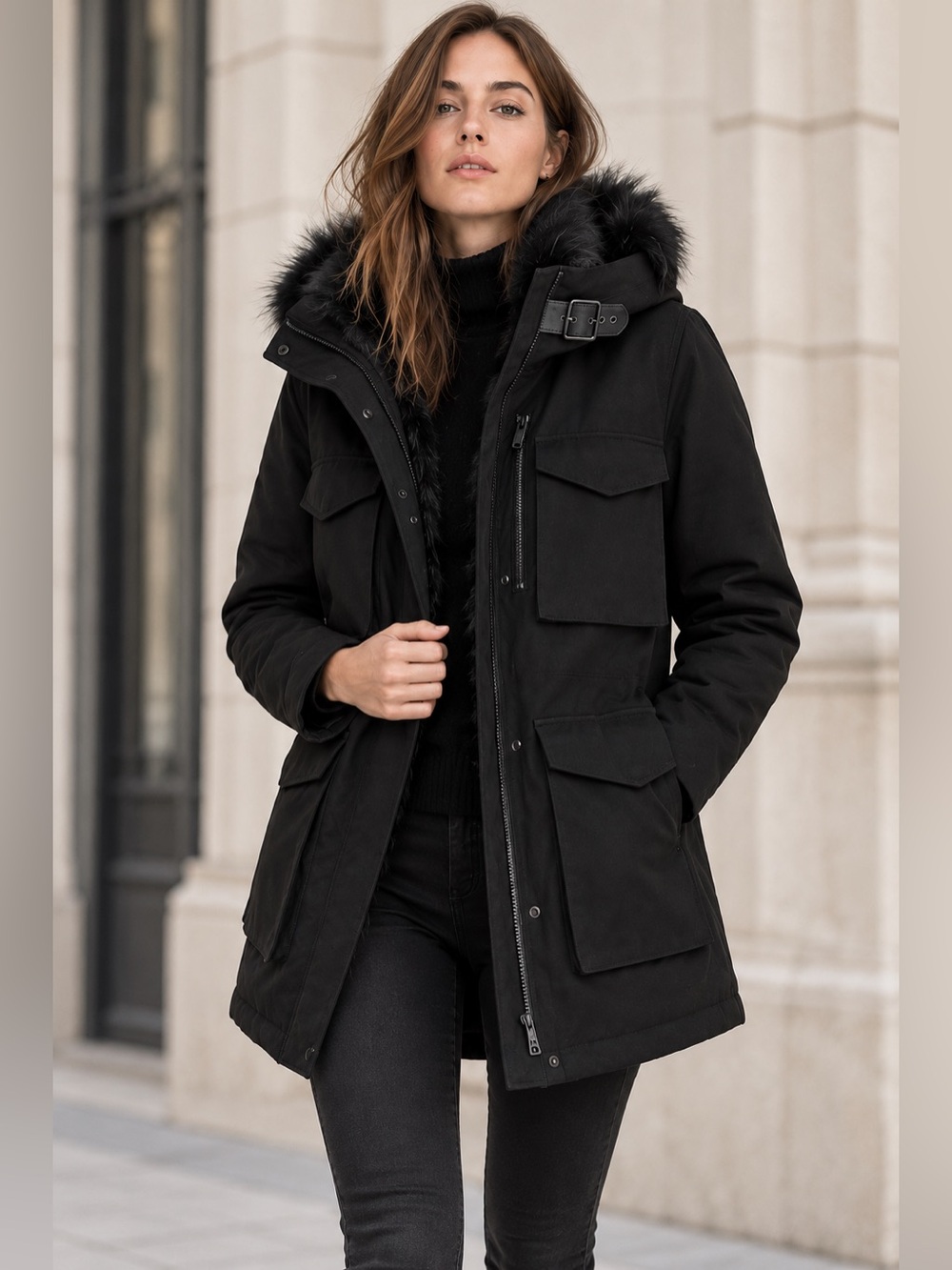 The Kooples Black Military Parka Real Fur Trim | XS